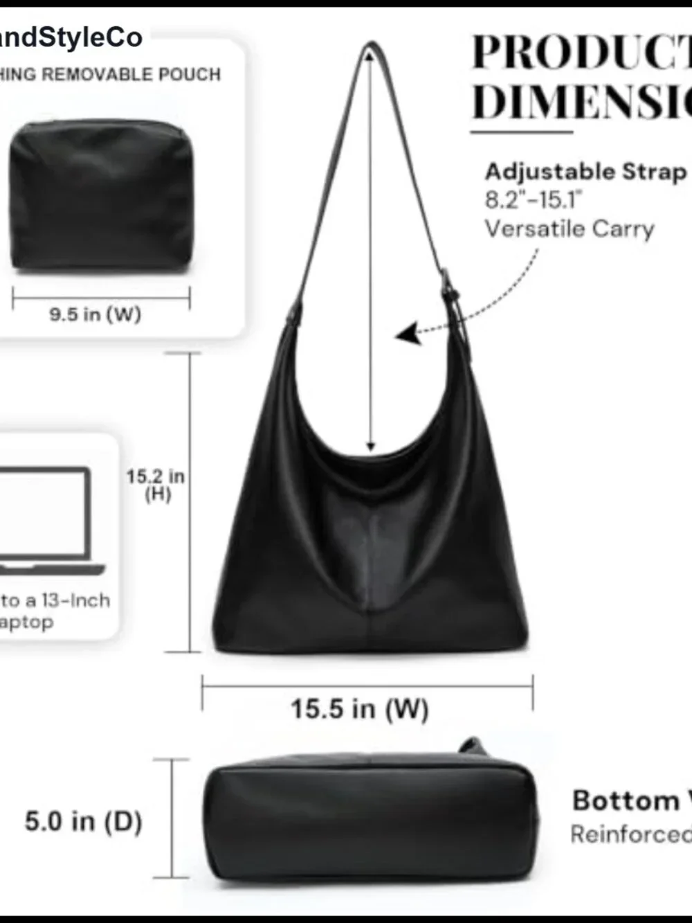 Vegan Leather Slouchy Hobo Shoulder Bag Large Tote with Pouch